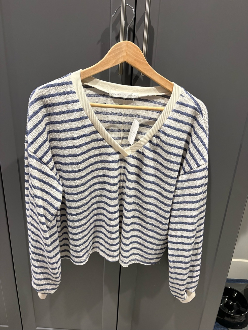 Altar'd State Cream and Navy Striped V-Neck Sweater